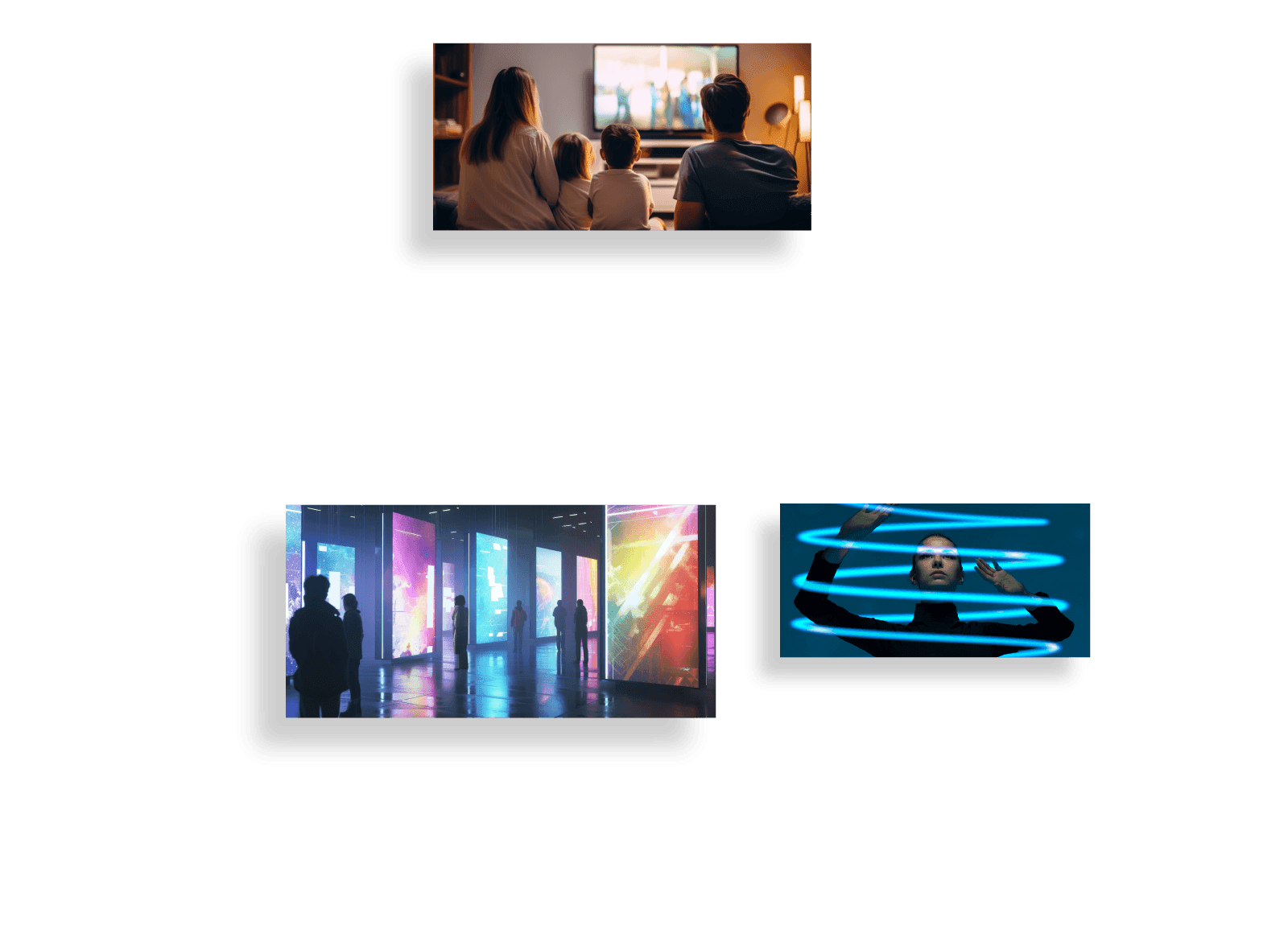 父、母、娘、息子でU-NEXTで映画を楽しんで見ている様子 薄暗い部屋で、人々が大きなネオンスクリーンを鑑賞している様子 若い女性が螺旋状のネオンの入り口からメタバース内に入り込んでいくイメージ写真